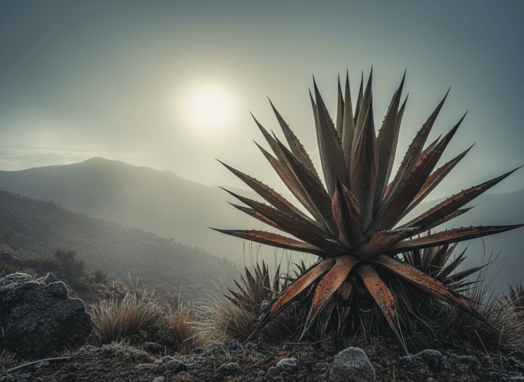 Close-up fine-art photograph of a penco (agave/century plant) in the high Andes, dramatic silhouette against a misty páramo backdrop, muted earthy terracota and green tones, editorial magazine photography, textured and moody, no people, no text
