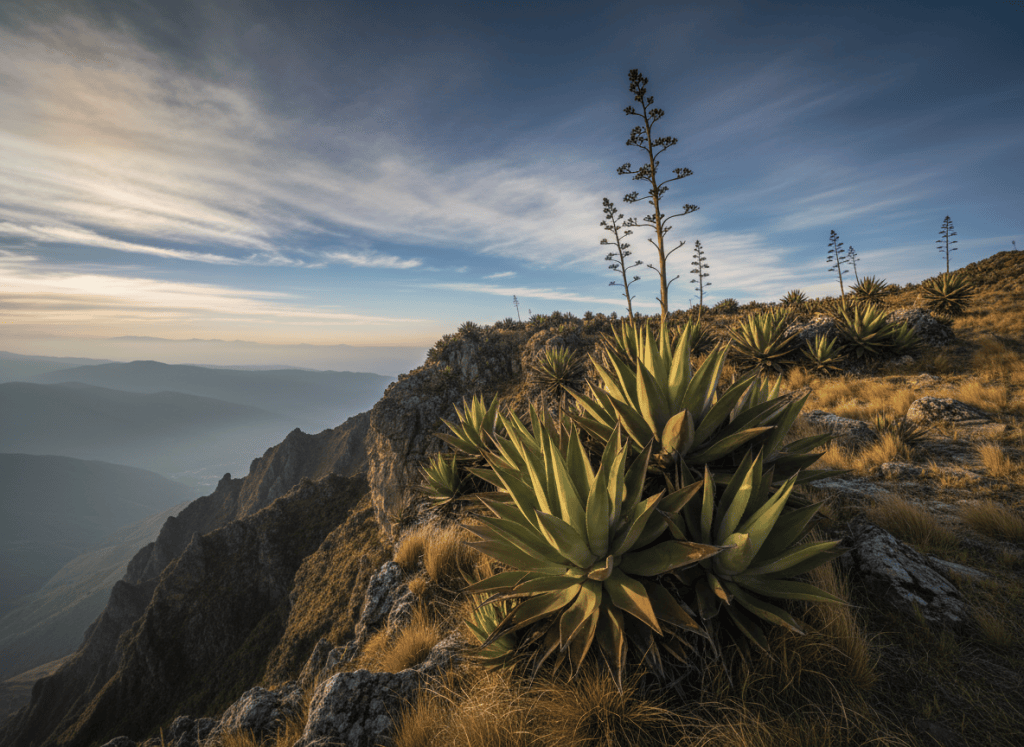 A cluster of majestic Andean penco agave plants on a windswept highland ridge under vast sky, dramatic and reverent, editorial documentary photography, earthy green and ochre palette.