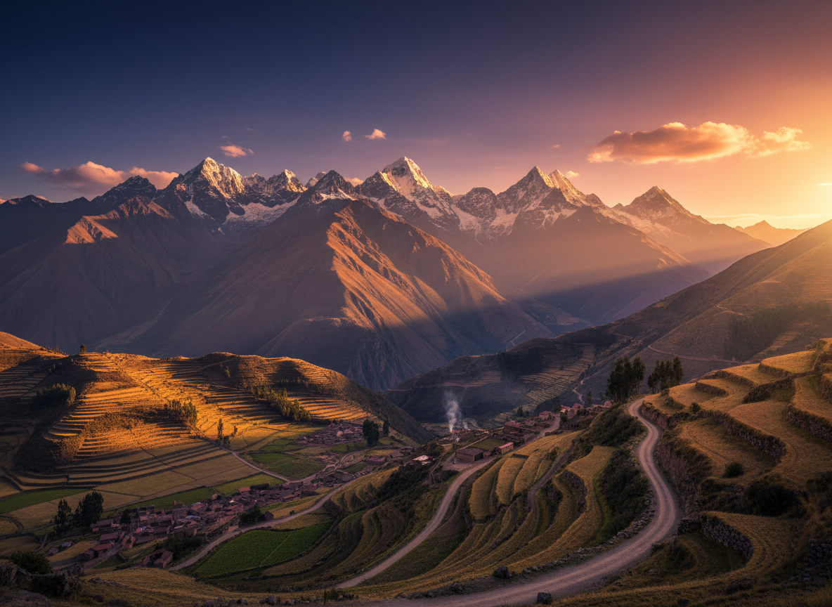 Paisaje andino al atardecer, serranías y campos en tonos dorados